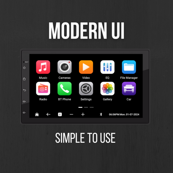 Head unit interface showing bright, easy-to-use app icons like Music, Settings, BT Phone, and Gallery.