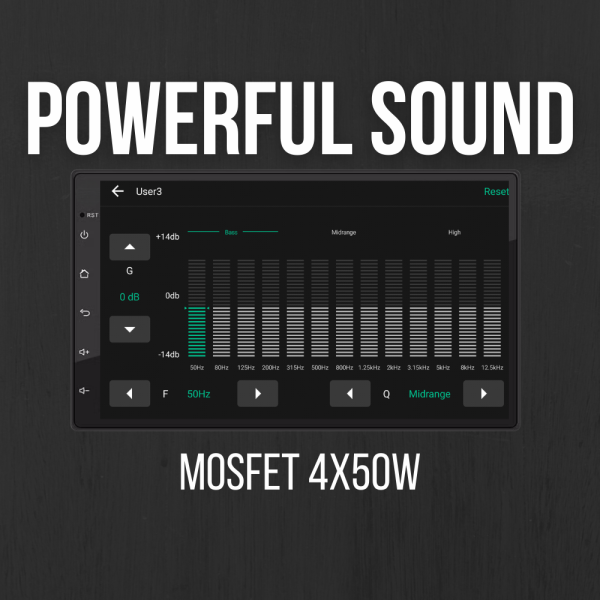 Audio equalizer screen on the head unit showing MOSFET 4x50W amplifier settings for enhanced sound tuning.