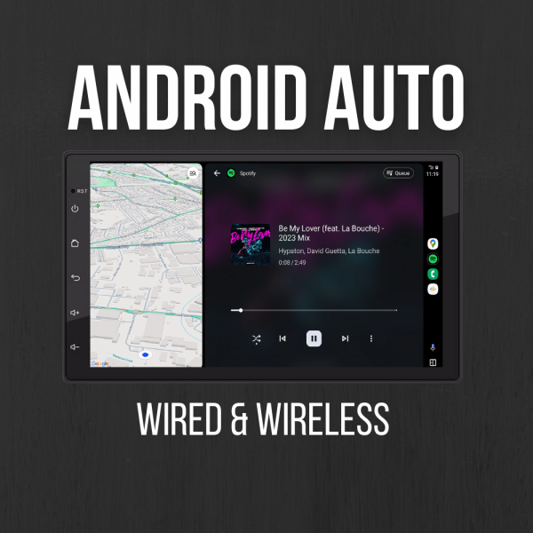Android Auto split screen with Google Maps navigation and Spotify music player on the New ERA head unit.