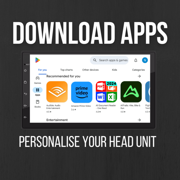 Google Play Store running on the head unit, displaying popular downloadable apps like Audible, Prime Video, and AllTrails.