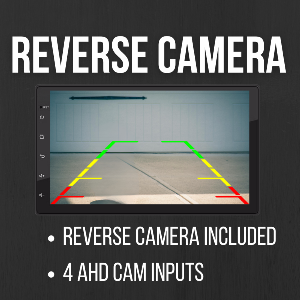 Rear-view camera image on the head unit, showing built-in parking guidelines and wide-angle view from included AHD camera.