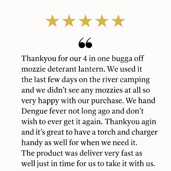 Customer review graphic for Bugga-Off 4 in 1 camping light with five-star rating and testimonial about mosquito repellent performance, fast delivery, and useful features like torch and charger.