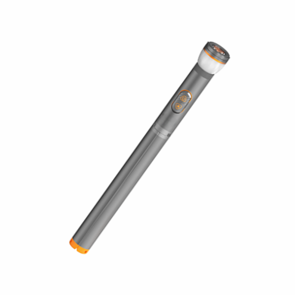 Compact and portable torch-style camping light with built-in tripod and controls